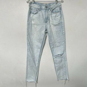 American Eagle Outfitters Mom Jeans Light Wash High Rise Denim Raw Hem Size 2